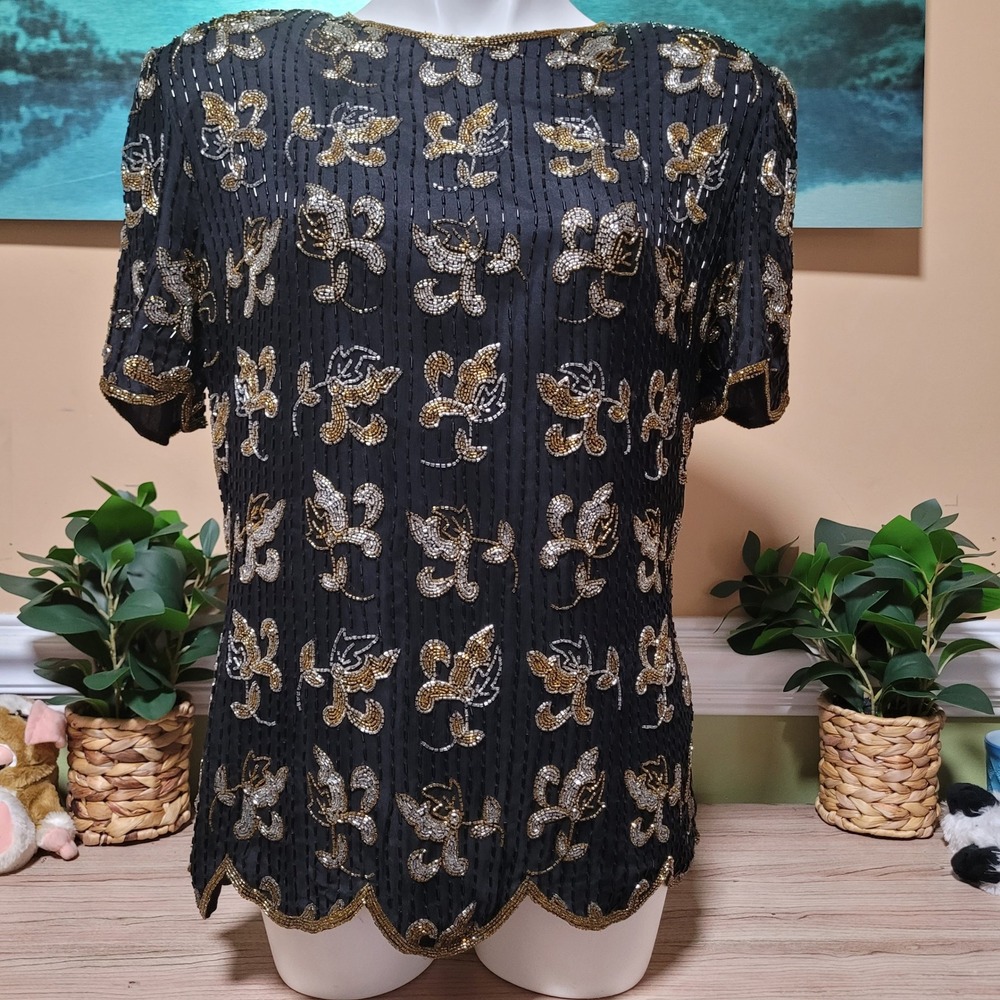Papell‎ Boutique Evening Top Silk Beaded Gold Silver Black Blouse vintage XL